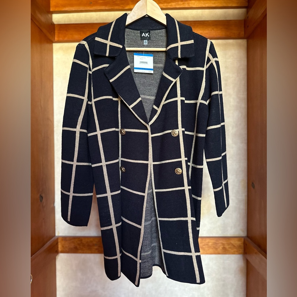 Anne Klein Black Coat with Cream Windowpane Grid